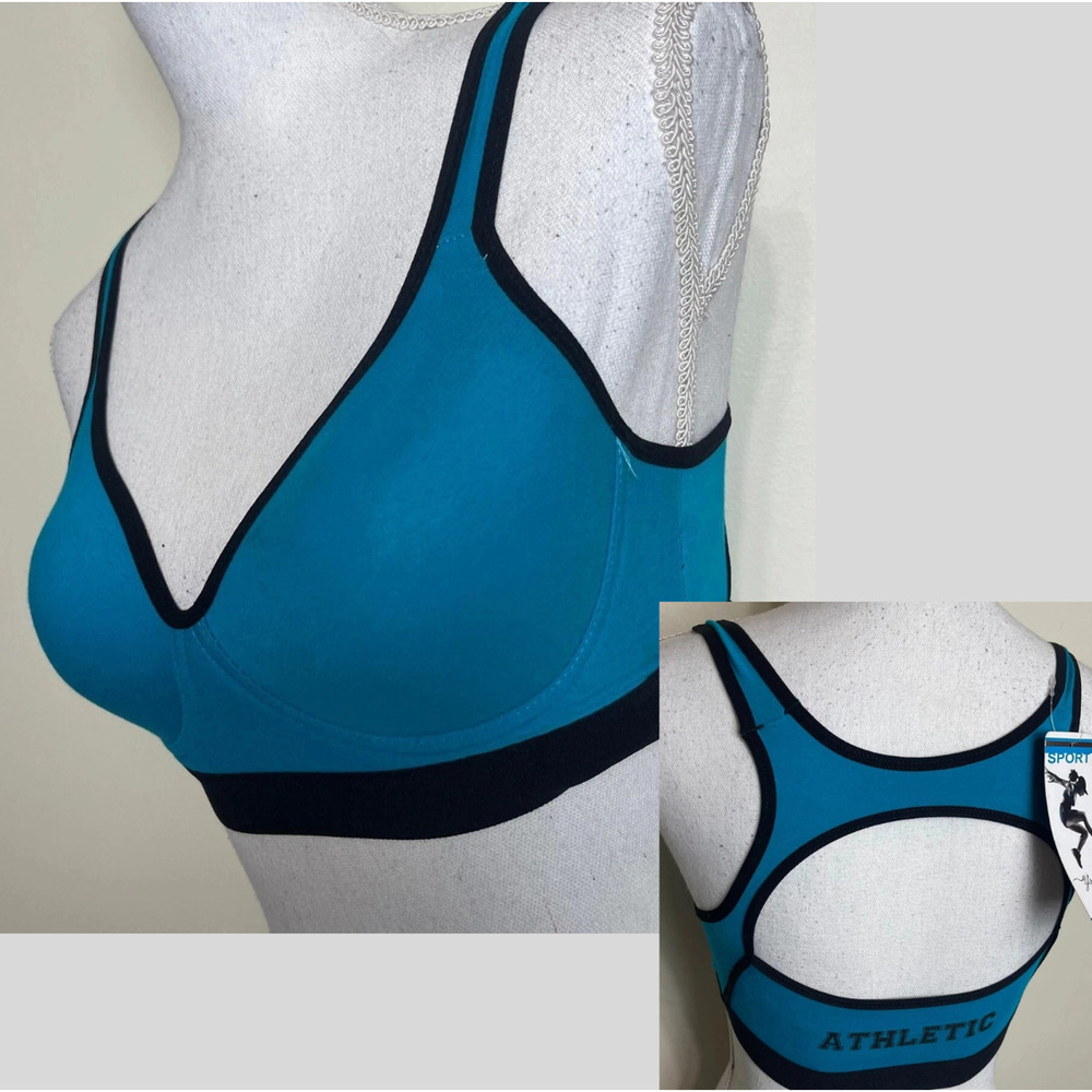 SIZE 36D Youmita Athletic Sports Bra PADDED Wireless Keyhole Racerback BLUE-BLCK